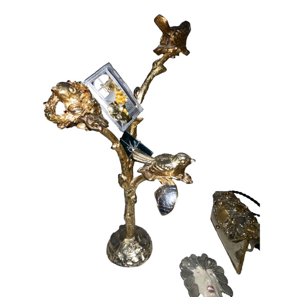 Vintage Gold Cast Iron Bird Clip Sculpture Art Decor Birds on Branches Heavy - Picture 15 of 16